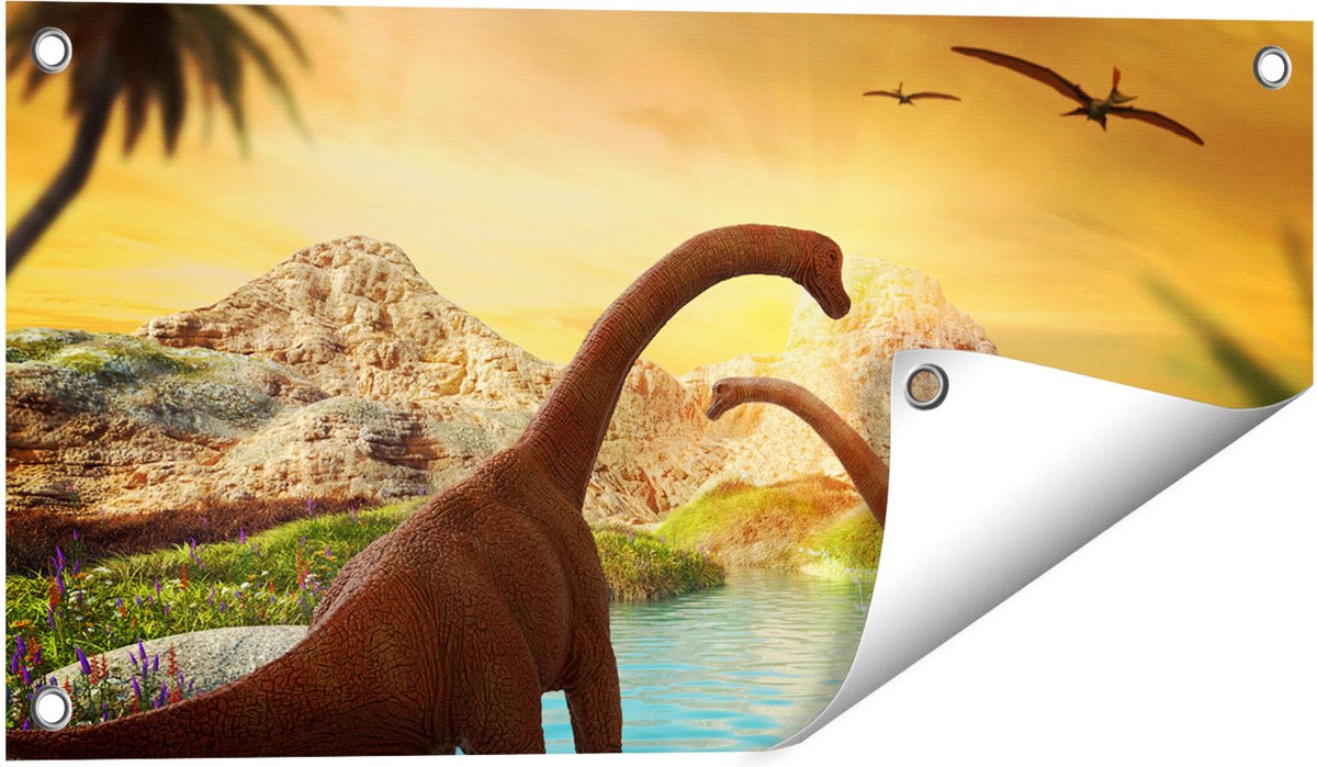 Gards Tuinposter Dinosauri�rs in het Water - Dino's - 60x30 cm - Tuindoek - Tuindecoratie - Wanddecoratie buiten - Tuinschilderij Multikleur
