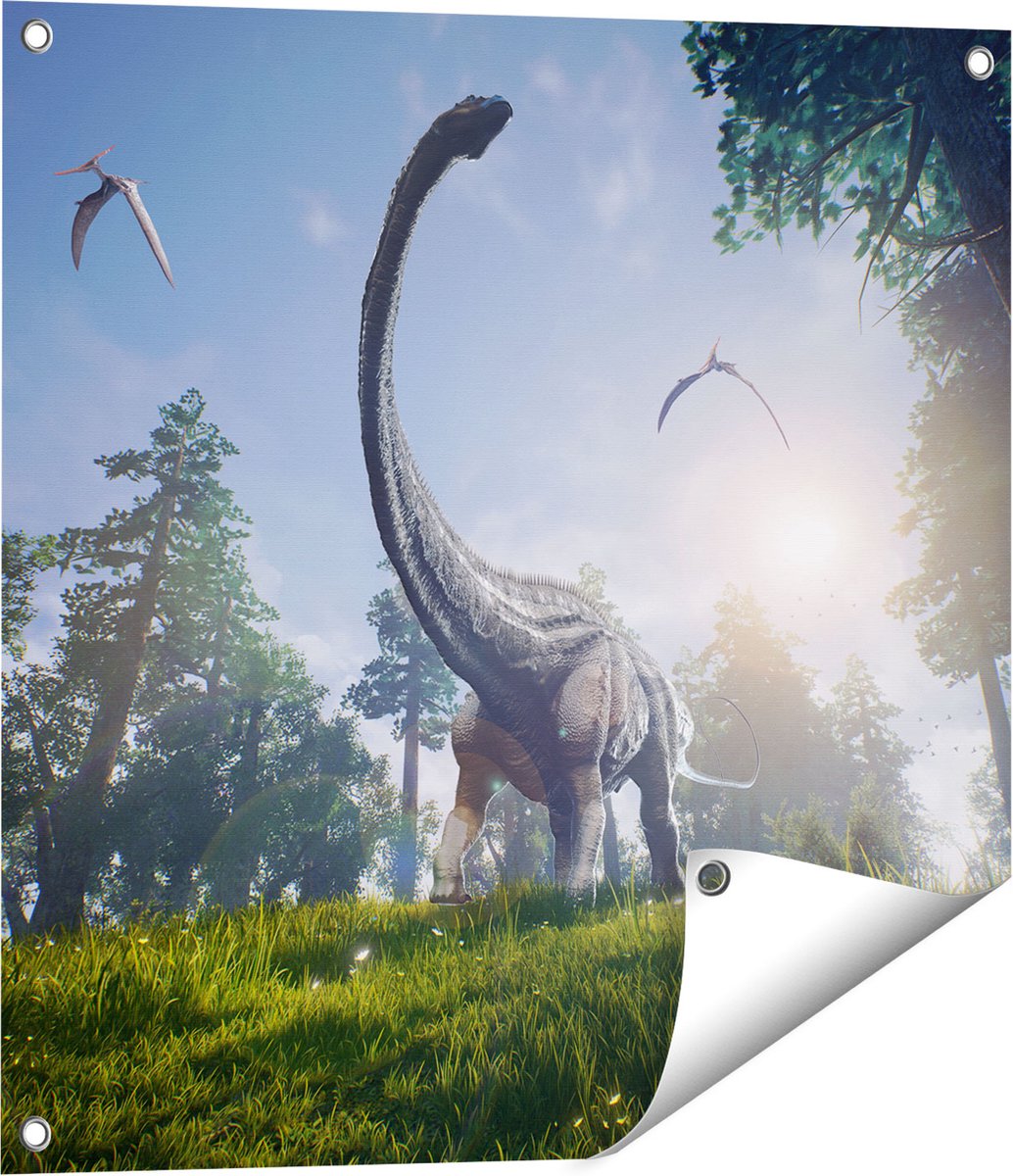 Gards Tuinposter Diplodocus Dinosauri�r in het Bos - 60x60 cm - Tuindoek - Tuindecoratie - Wanddecoratie buiten - Tuinschilderij Multikleur