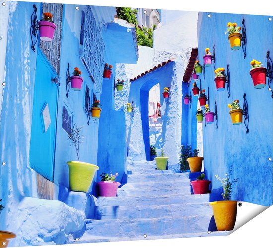 Gards Tuinposter Blauwe Huizen met Bloempotten in Chefchaouen, Marokko - 160x120 cm - Tuindoek - Tuindecoratie - Wanddecoratie buiten - Tuinschilderij