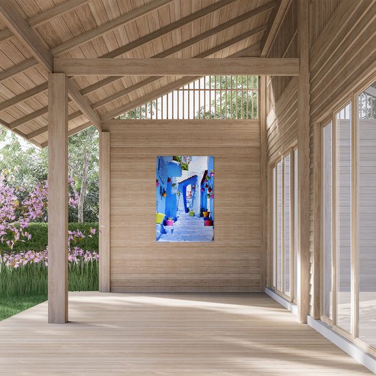 Gards Affiche de jardin Maisons bleues avec Pots de fleurs au Maroc Chefchaouen - 80x120 cm - Toile jardin - Décoration de jardin - Décoration murale extérieur - Tableau jardin