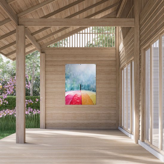 Gards Poster de jardin Parapluie arc-en-ciel avec pluie - 90x120 cm - Toile de jardin - Décoration de jardin - Décoration murale extérieure - Tableau de jardin