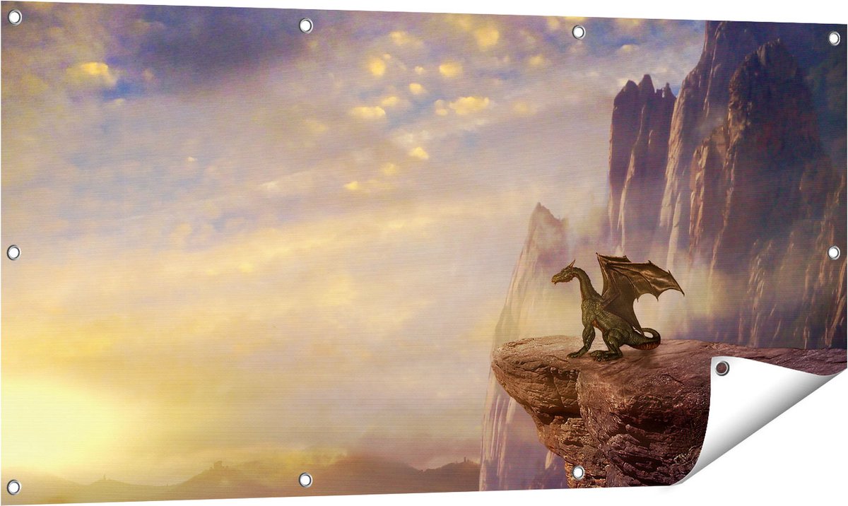 Gards Tuinposter Draak op een Rots bij Zonsondergang - 120x60 cm - Tuindoek - Tuindecoratie - Wanddecoratie buiten - Tuinschilderij Multikleur
