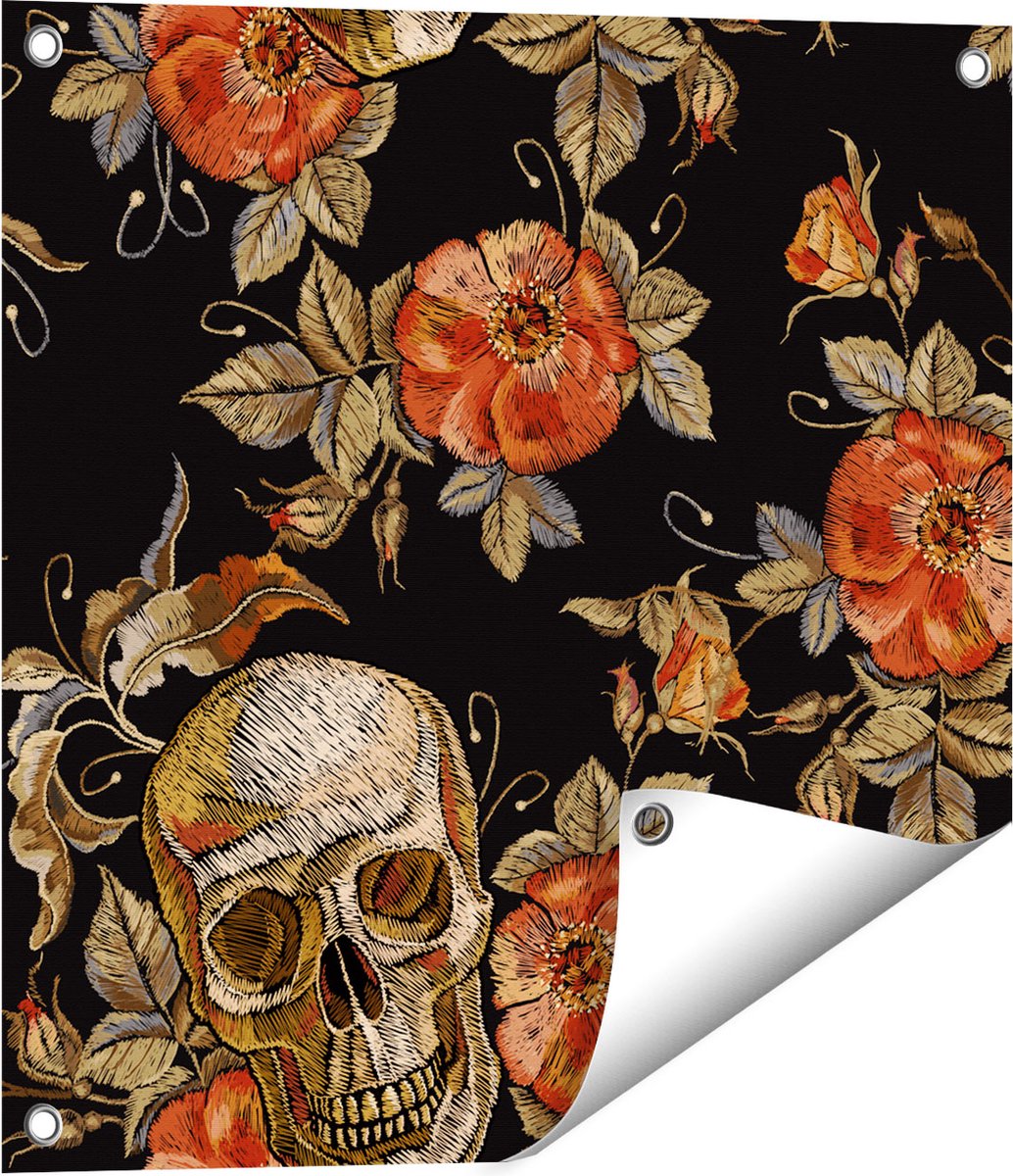 Gards Tuinposter Doodshoofden met Bloemen - Schedels - 50x50 cm - Tuindoek - Tuindecoratie - Wanddecoratie buiten - Tuinschilderij Multikleur