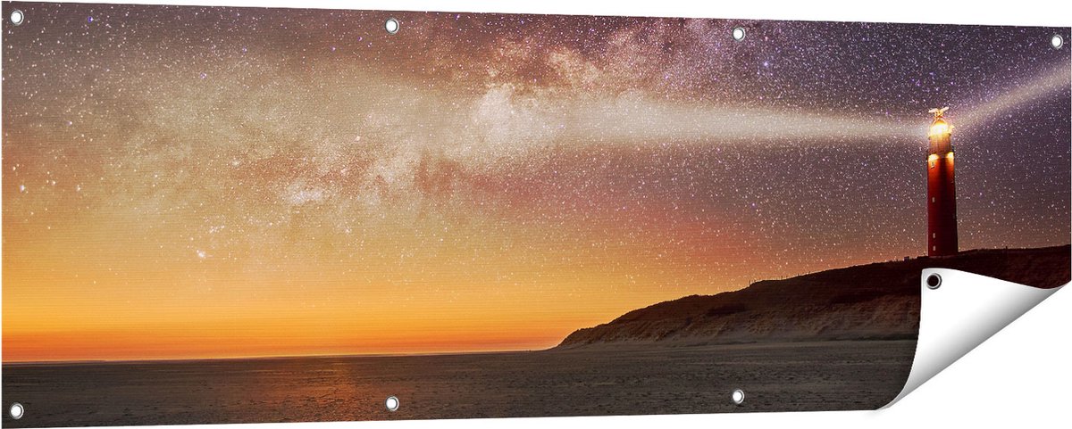 Gards Tuinposter Vuurtoren Texel in de Nacht - 150x50 cm - Tuindoek - Tuindecoratie - Wanddecoratie buiten - Tuinschilderij Multikleur