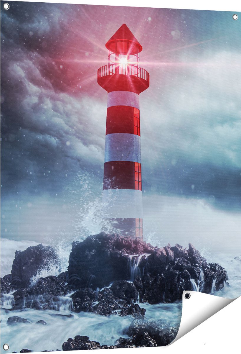 Gards Tuinposter Vuurtoren tijdens een Storm - 80x100 cm - Tuindoek - Tuindecoratie - Wanddecoratie buiten - Tuinschilderij Multikleur