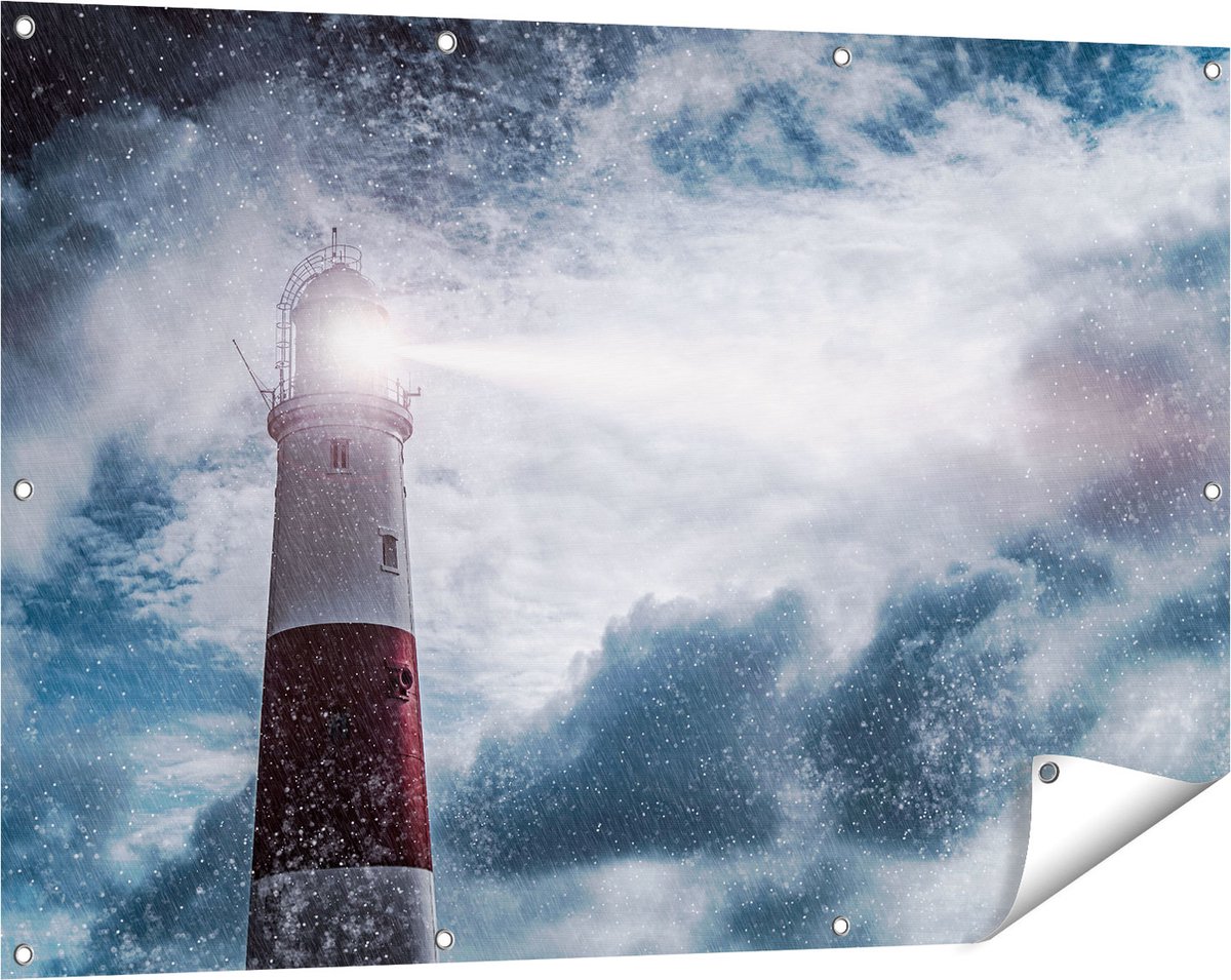 Gards Tuinposter Vuurtoren tijdens de Regen Storm - 120x80 cm - Tuindoek - Tuindecoratie - Wanddecoratie buiten - Tuinschilderij Multikleur