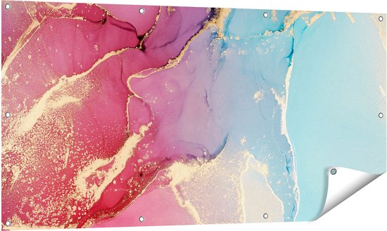 Gards Tuinposter Abstracte Kunst van Marmer - Roze met Blauw - 140x70 cm - Tuindoek - Tuindecoratie - Wanddecoratie buiten - Tuinschilderij