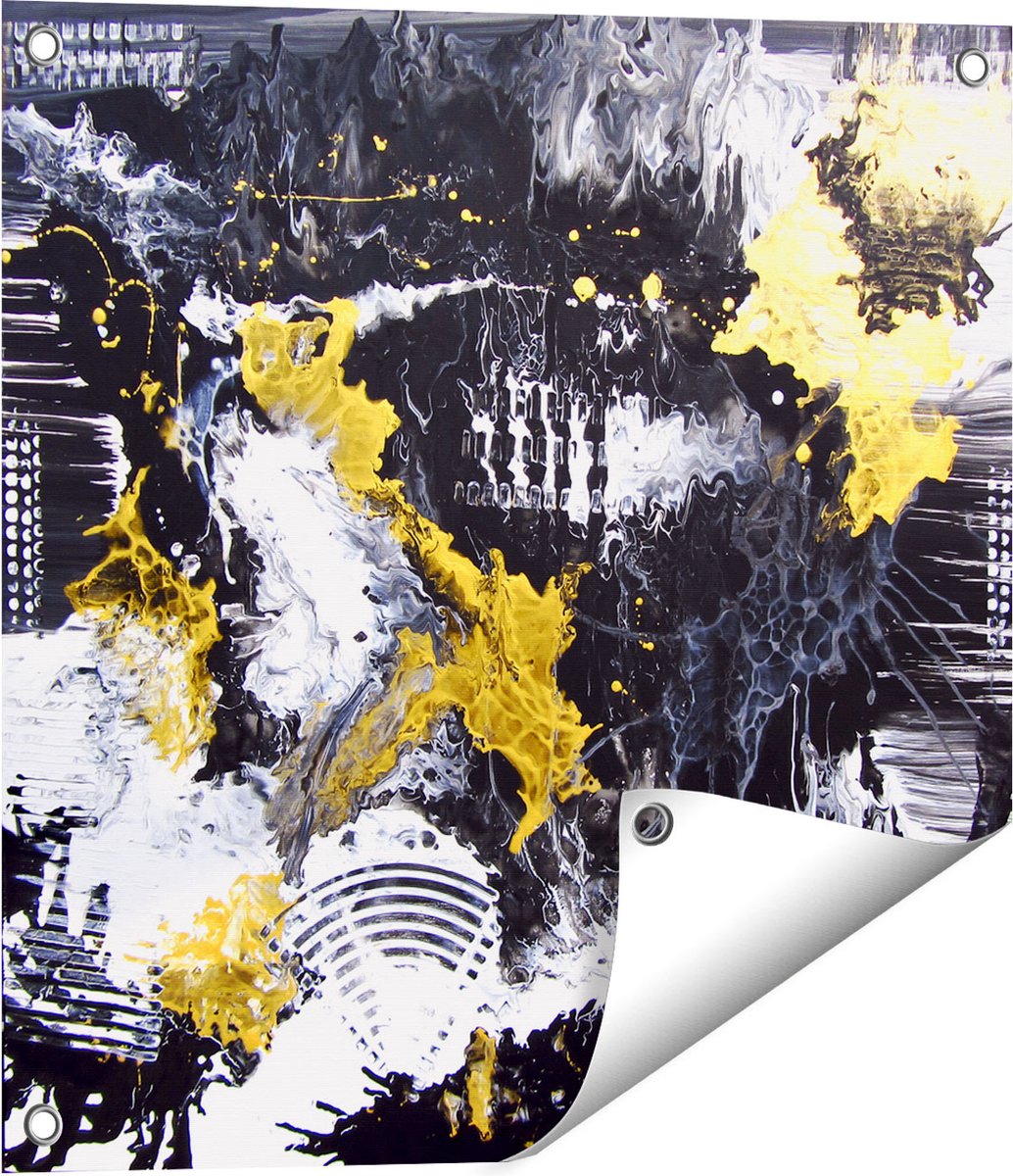 Gards Tuinposter Abstracte Kunst met Zwart, Wit en Goud - 50x50 cm - Tuindoek - Tuindecoratie - Wanddecoratie buiten - Tuinschilderij Multikleur