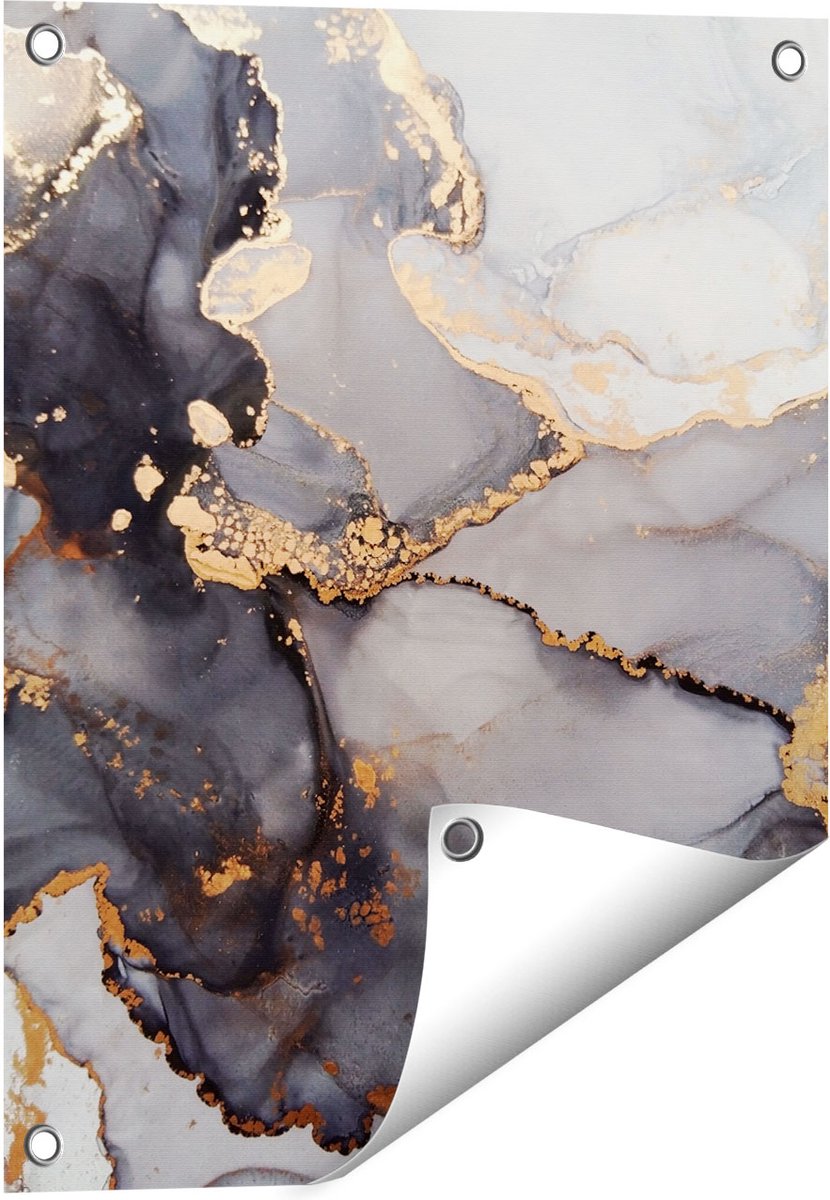 Gards Tuinposter Abstracte Kunst - Grijze Marmer met Goud - 40x50 cm - Tuindoek - Tuindecoratie - Wanddecoratie buiten - Tuinschilderij Multikleur