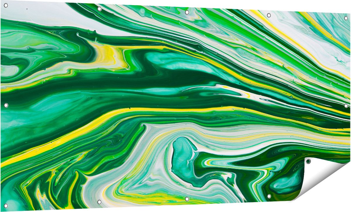 Gards Tuinposter Abstracte Kunst - Groen met Gele Verf - 160x80 cm - Tuindoek - Tuindecoratie - Wanddecoratie buiten - Tuinschilderij Multikleur