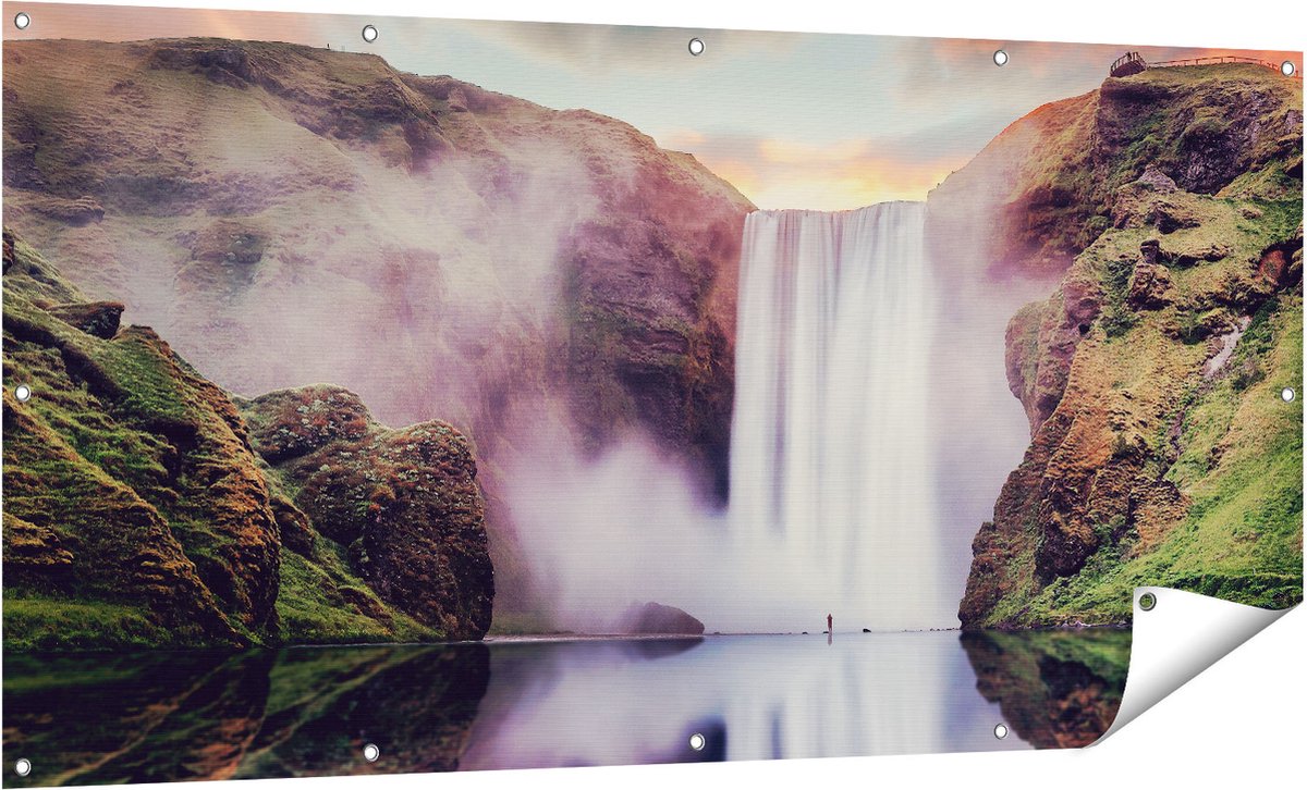 Gards Tuinposter Waterval met een Weerspiegeling in het Water - 160x80 cm - Tuindoek - Tuindecoratie - Wanddecoratie buiten - Tuinschilderij Multikleur