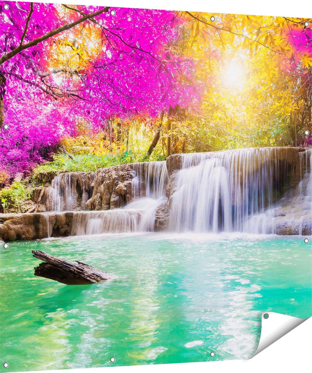 Gards Tuinposter Waterval met Groen Water en Roze Bladeren - 120x120 cm - Tuindoek - Tuindecoratie - Wanddecoratie buiten - Tuinschilderij Multikleur