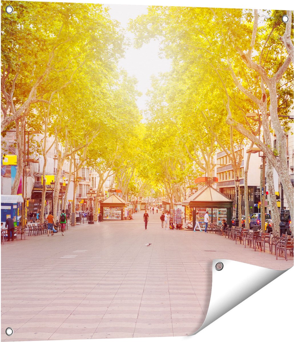 Gards Tuinposter De Ramblas Straat in Barcelona - 70x70 cm - Tuindoek - Tuindecoratie - Wanddecoratie buiten - Tuinschilderij Multikleur