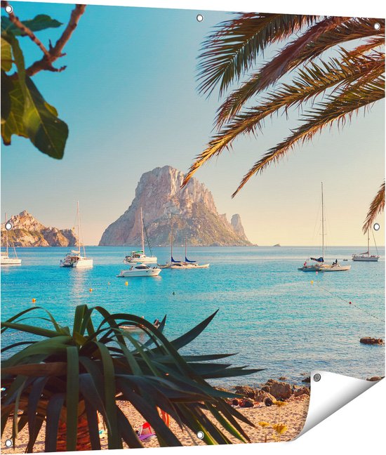 Gards Tuinposter Ibiza Cala d'Hort Strand - 100x100 cm - Tuindoek - Tuindecoratie - Wanddecoratie buiten - Tuinschilderij