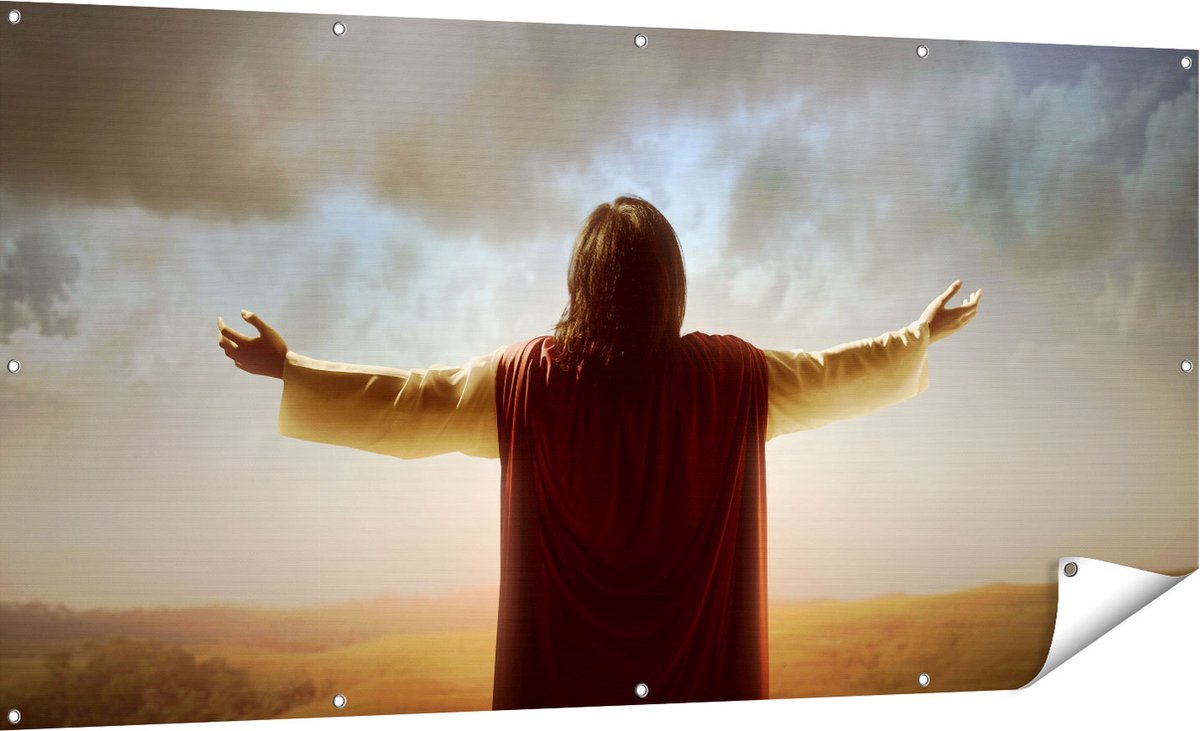 Gards Tuinposter Jezus Christus aan het Bidden bij Zonsopgang - 180x90 cm - Tuindoek - Tuindecoratie - Wanddecoratie buiten - Tuinschilderij Multikleur