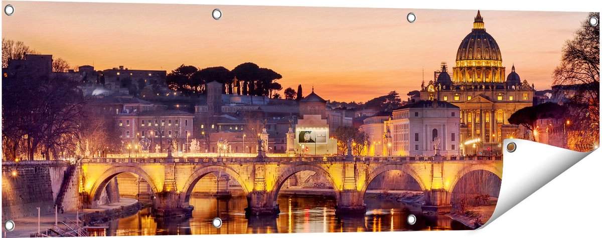 Gards Tuinposter Engelenbrug in Rome bij Zonsondergang - 120x40 cm - Tuindoek - Tuindecoratie - Wanddecoratie buiten - Tuinschilderij Multikleur