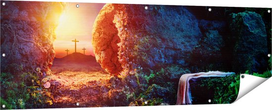 Gards Tuinposter Kruisiging bij Zonsopgang - Opstanding Jezus - 180x60 cm - Tuindoek - Tuindecoratie - Wanddecoratie buiten - Tuinschilderij