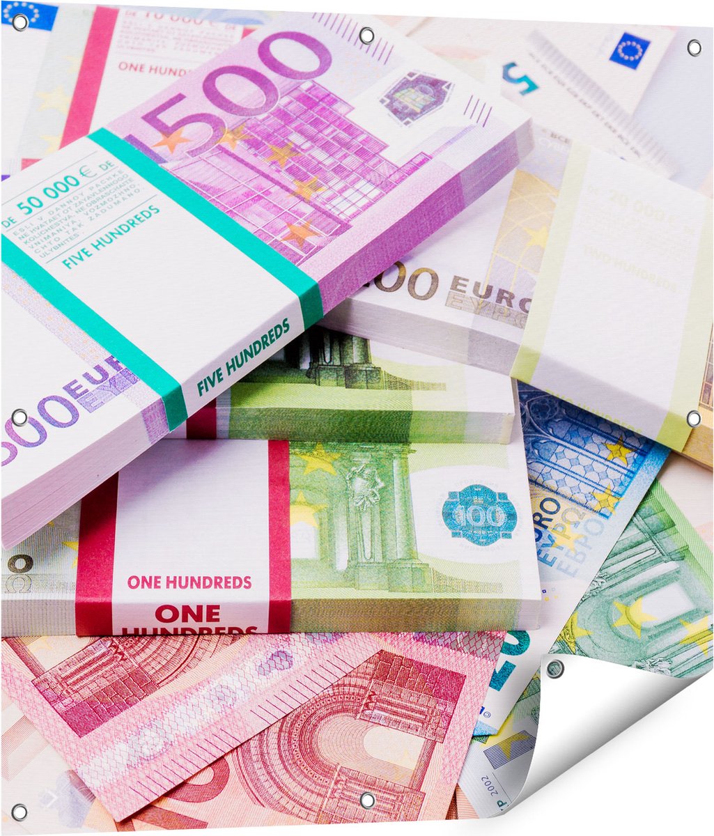 Gards Tuinposter Euro Geld Briefjes - Stapels - 80x80 cm - Tuindoek - Tuindecoratie - Wanddecoratie buiten - Tuinschilderij Multikleur