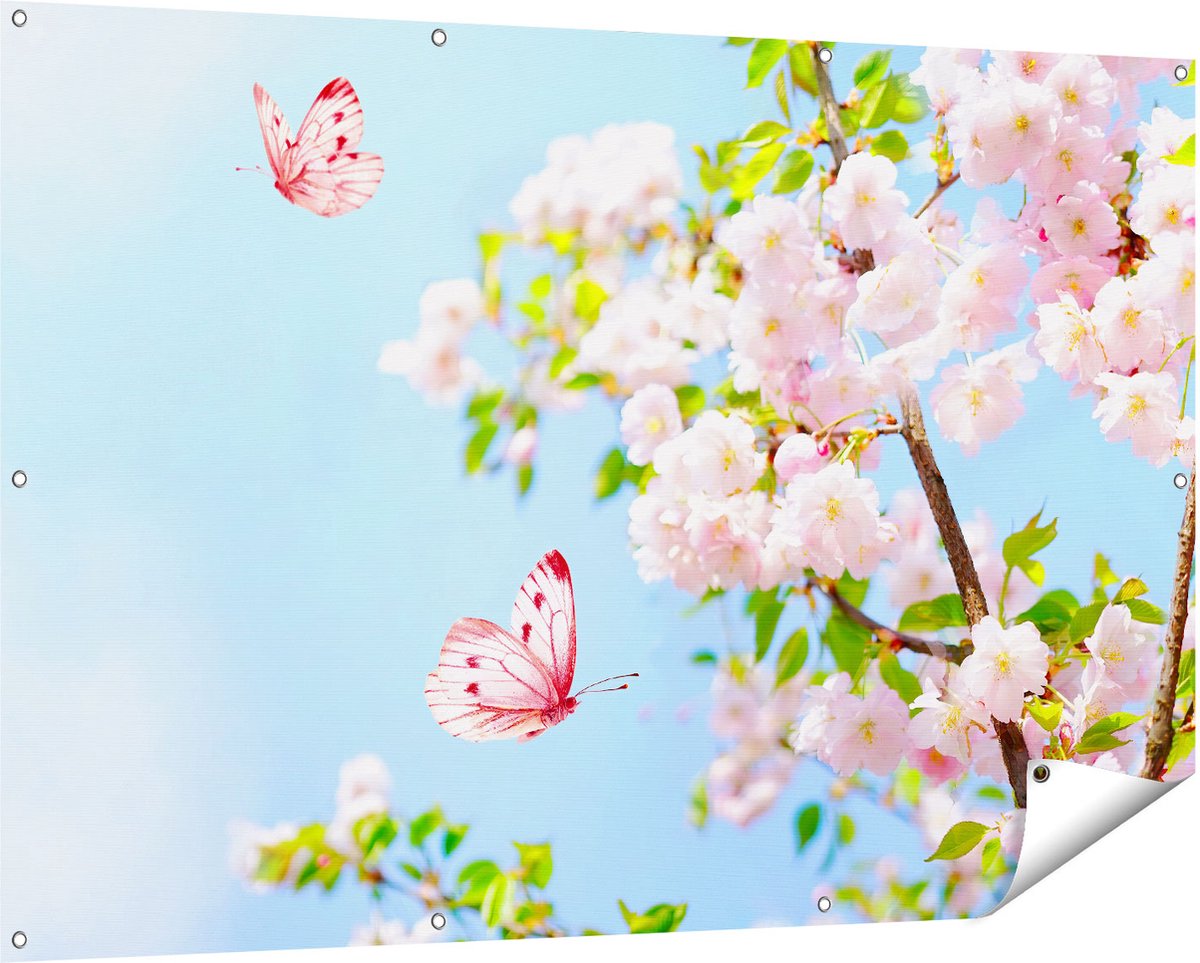 Gards Tuinposter Twee Roze Vlinders bij Roze Bloesem Bloemen - 150x100 cm - Tuindoek - Tuindecoratie - Wanddecoratie buiten - Tuinschilderij Multikleur