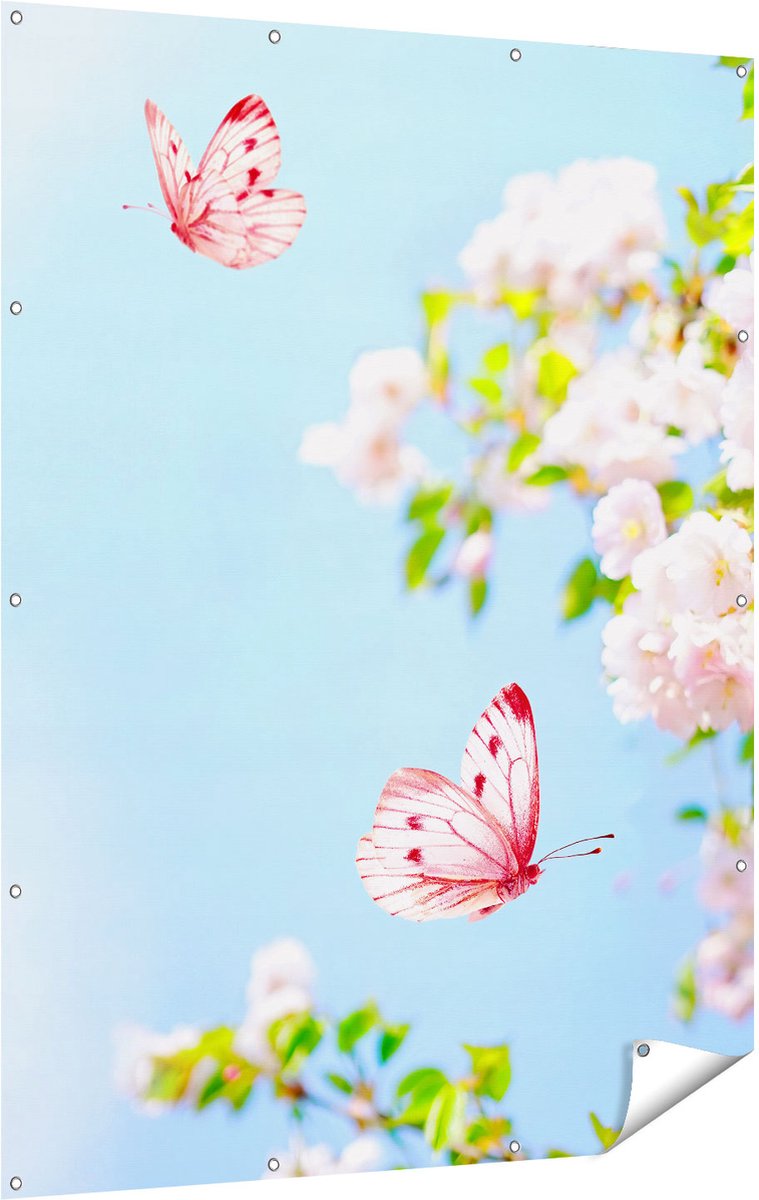 Gards Tuinposter Twee Roze Vlinders bij Roze Bloesem Bloemen - 120x160 cm - Tuindoek - Tuindecoratie - Wanddecoratie buiten - Tuinschilderij Multikleur