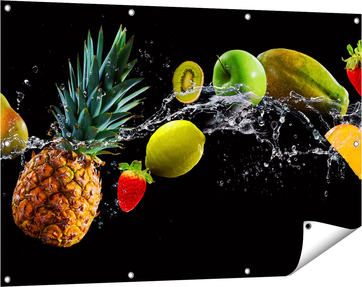 Gards Tuinposter Fruit met Water op Zwart Achtergrond - 120x80 cm - Tuindoek - Tuindecoratie - Wanddecoratie buiten - Tuinschilderij Multikleur