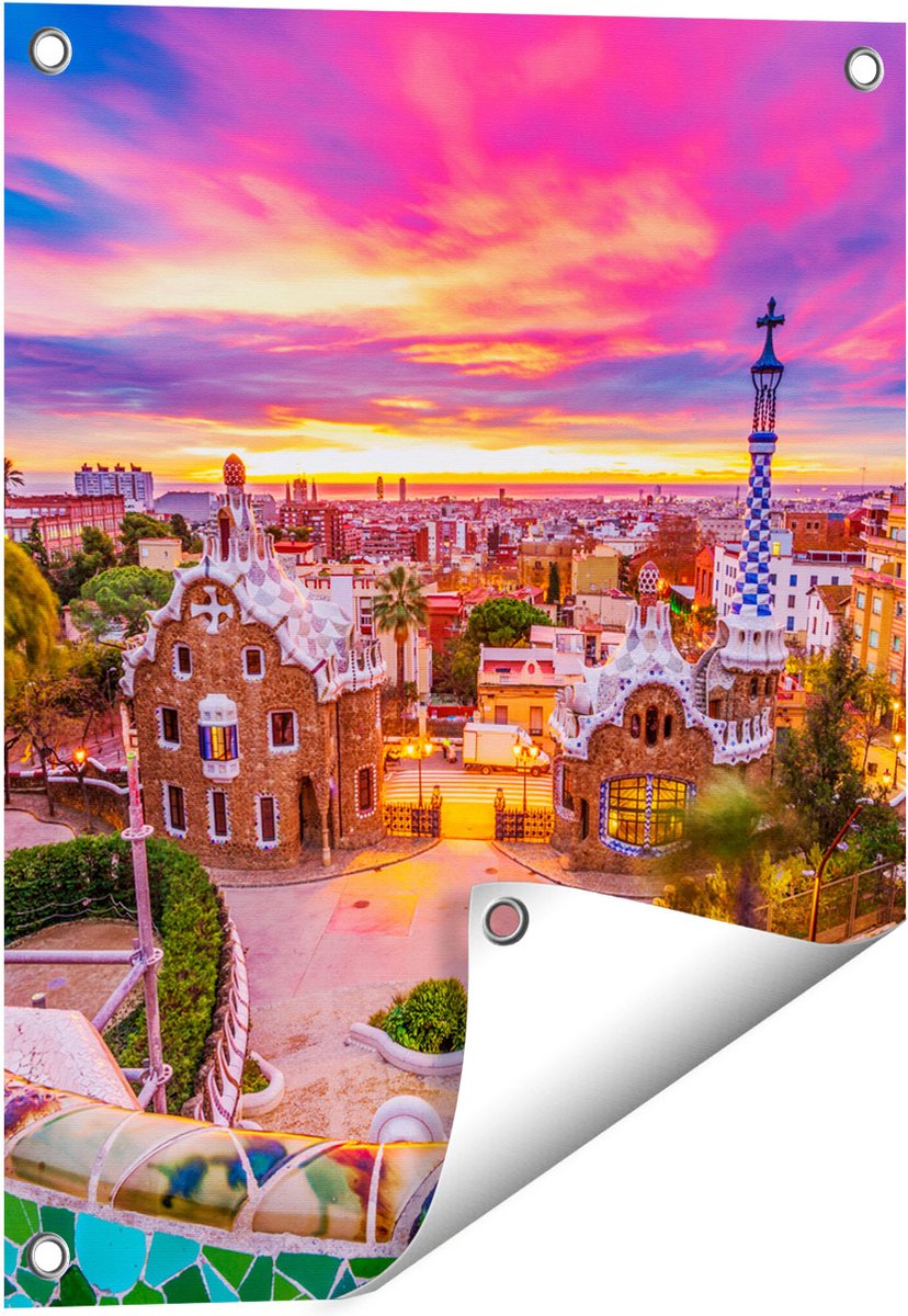 Gards Tuinposter Park G�ell Uitzicht op Barcelona - 40x50 cm - Tuindoek - Tuindecoratie - Wanddecoratie buiten - Tuinschilderij Multikleur