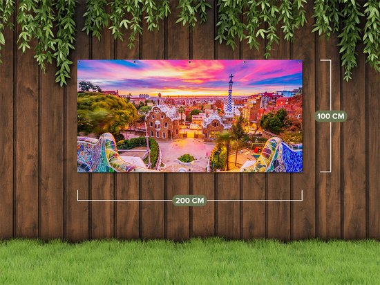 Gards Tuinposter Park G�ell Uitzicht op Barcelona - 200x100 cm - Tuindoek - Tuindecoratie - Wanddecoratie buiten - Tuinschilderij