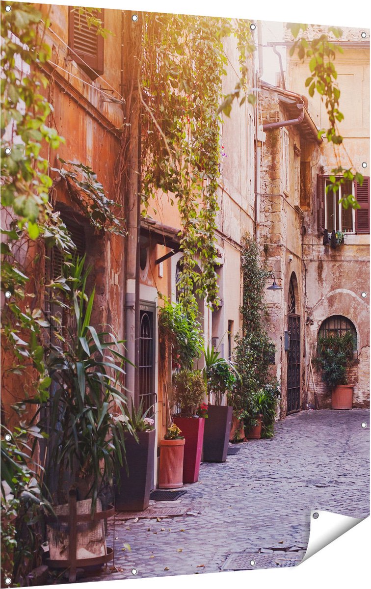 Gards Tuinposter Straatje in Rome met Groene Planten - 120x160 cm - Tuindoek - Tuindecoratie - Wanddecoratie buiten - Tuinschilderij Multikleur