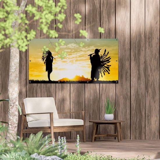 Affiche de jardin du Gards Deux silhouettes d'Indiens au coucher du soleil - 120x60 cm - Toile de jardin - Décoration de jardin - Décoration murale extérieur - Tableau de jardin
