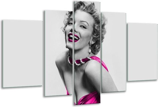 Glasschilderij Marilyn Monroe - Grijs, Roze, Zwart - 170x100cm 5Luik - Foto Op Glas - Geen Acrylglas Schilderij - 6000+ Glasschilderijen Collectie - Wanddecoratie