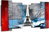 GroepArt - Canvas Schilderij - Parijs, Eiffeltoren - Grijs, Blauw, Zwart - 150x80cm 5Luik- Groot Collectie Schilderijen Op Canvas En Wanddecoraties