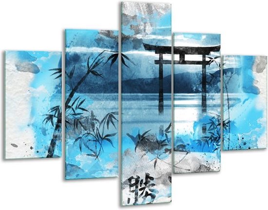 Glasschilderij -  Chinese Poort - Blauw, Grijs, Zwart - 100x70cm 5Luik - Geen Acrylglas Schilderij - GroepArt 6000+ Glasschilderijen Collectie - Wanddecoratie- Foto Op Glas