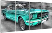 GroepArt - Glasschilderij - Mustang - Zwart, Grijs, Blauw - 160x80cm 4Luik - Foto Op Glas - Geen Acrylglas Schilderij - 6000+ Glasschilderijen Collectie - Wanddecoratie