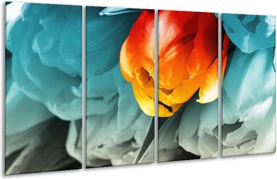 GroepArt - Glasschilderij - Tulp - Oranje, Rood, Blauw - 160x80cm 4Luik - Foto Op Glas - Geen Acrylglas Schilderij - 6000+ Glasschilderijen Collectie - Wanddecoratie