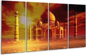 GroepArt - Glasschilderij - Taj Mahal - Oranje, Bruin, Geel - 160x80cm 4Luik - Foto Op Glas - Geen Acrylglas Schilderij - 6000+ Glasschilderijen Collectie - Wanddecoratie