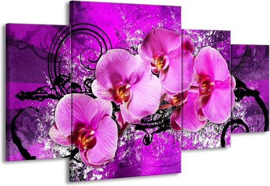 GroepArt - Schilderij -  Orchidee - Paars - 160x90cm 4Luik - Schilderij Op Canvas - Foto Op Canvas