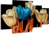 GroepArt - Schilderij -  Tulp - Blauw, Oranje, Zwart - 160x90cm 4Luik - Schilderij Op Canvas - Foto Op Canvas