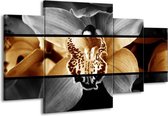 GroepArt - Schilderij -  Orchidee - Sepia, Bruin - 160x90cm 4Luik - Schilderij Op Canvas - Foto Op Canvas