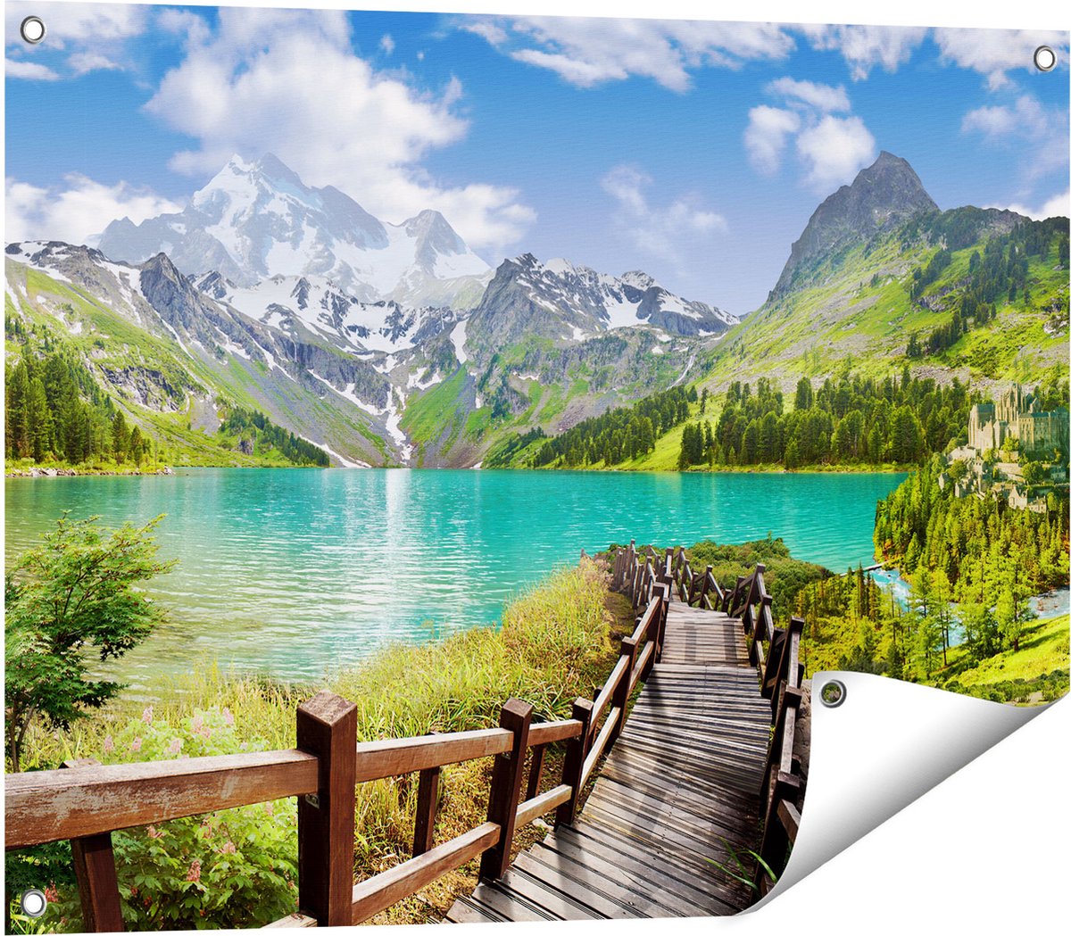 Gards Tuinposter Pad naar een Helder Blauw Meer in de Bergen - 80x60 cm - Tuindoek - Tuindecoratie - Wanddecoratie buiten - Tuinschilderij Multikleur