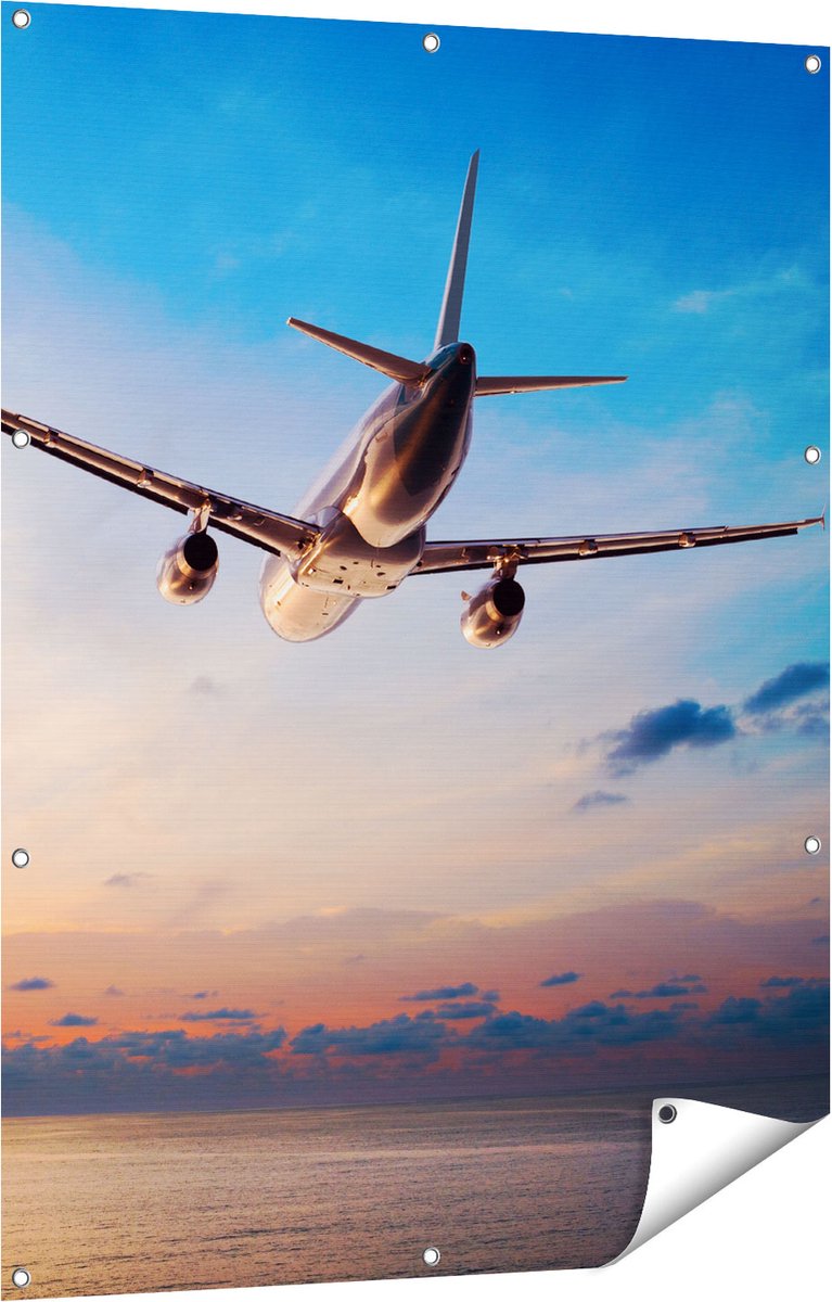 Gards Tuinposter Vliegtuig Boven de Zee bij Zonsondergang - 90x120 cm - Tuindoek - Tuindecoratie - Wanddecoratie buiten - Tuinschilderij Multikleur