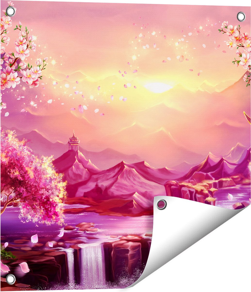 Gards Tuinposter Illustratie van Watervallen met Bloesems - 50x50 cm - Tuindoek - Tuindecoratie - Wanddecoratie buiten - Tuinschilderij Multikleur
