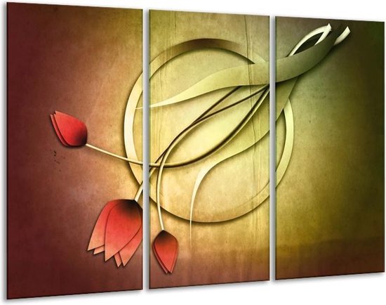 Glasschilderij Tulp - Groen, Rood, Geel - 120x80cm 3Luik - Foto Op Glas - Geen Acrylglas Schilderij - GroepArt 6000+ Glas Art Collectie - Maatwerk Mogelijk