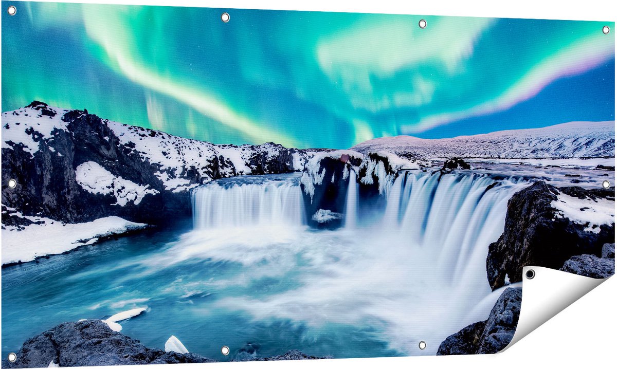 Gards Tuinposter Watervallen met het Groene Noorderlicht - 140x70 cm - Tuindoek - Tuindecoratie - Wanddecoratie buiten - Tuinschilderij Multikleur