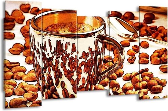 GroepArt - Canvas Schilderij - Koffie - Bruin, Geel - 150x80cm 5Luik- Groot Collectie Schilderijen Op Canvas En Wanddecoraties