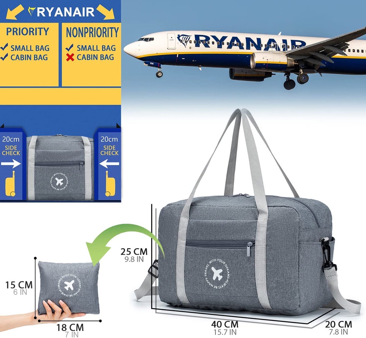MISWAN 2x Ryanair Bagages à Main 40x20x25 Sac de Voyage Pliable Grand  Weekender Sac de... | bol.com