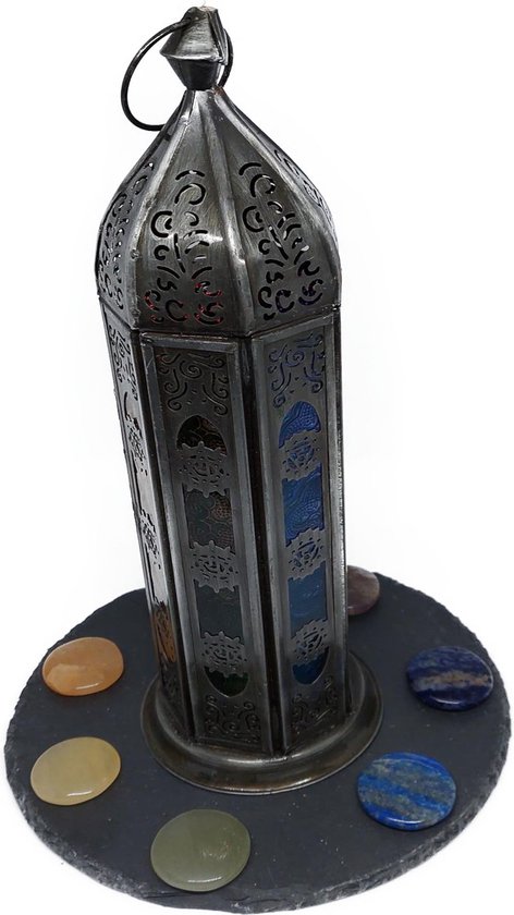 Plateau cadeau Lanterne Chakra | Chakra | Ardoise ronde | 7 pierres Chakra rondes | Ardoise environ 20 cm | lampe sur batterie | Cadeau | Fête des mères | anniversaire | Spirituel |