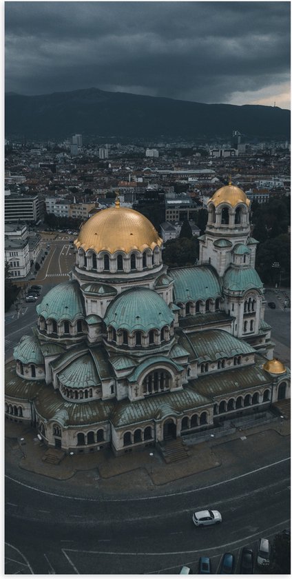 Poster Glanzend – Blauw met Goude Alexaner Nevski-kathedraal Midden op het Plein - 50x100 cm Foto op Posterpapier met Glanzende Afwerking