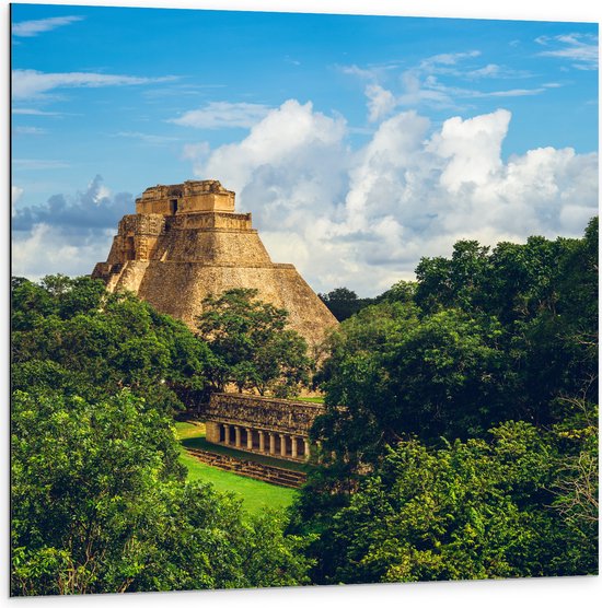 Dibond - ''Piramide van de Tovenaar'' Yucatan, Mexico - 100x100 cm Foto op Aluminium (Met Ophangsysteem)