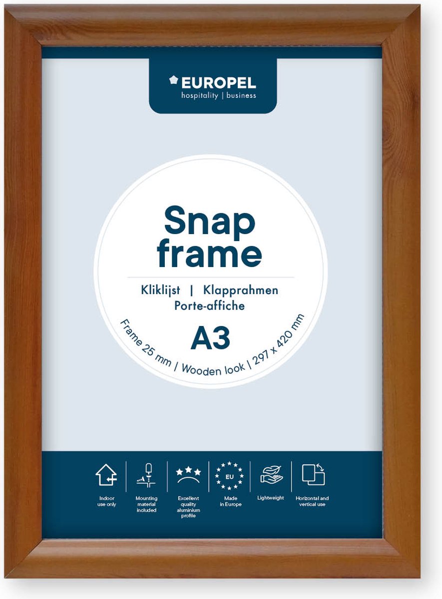 Europel Kliklijst – Posterlijst – A3 – 29,7 x 42 cm – Aluminium – 25mm – Hout