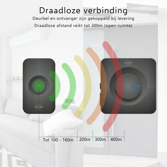 ELRO DB3000 Draadloze Deurbel Set – met 2x Ontvanger op batterij - Bereik 300 meter - IP65 Waterdicht - 64 Melodieën - Zwart